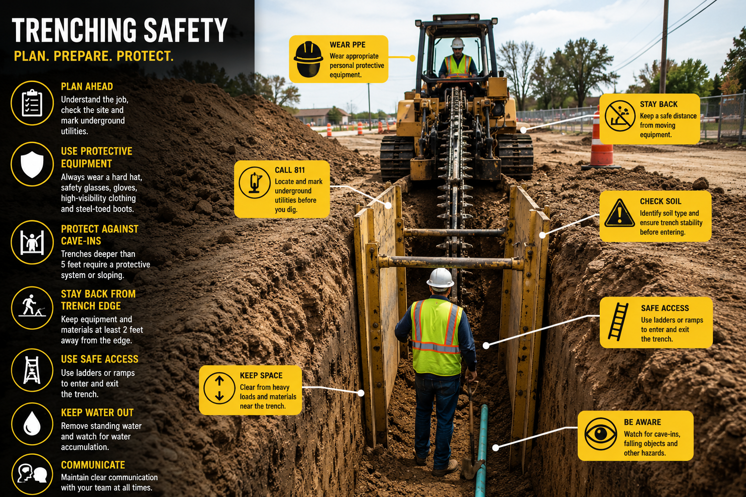 Utility line safety trenching guide