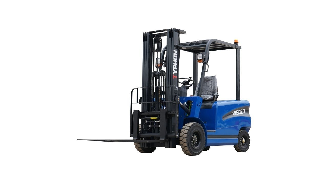 Forklift loading heavy pallet in construction yard