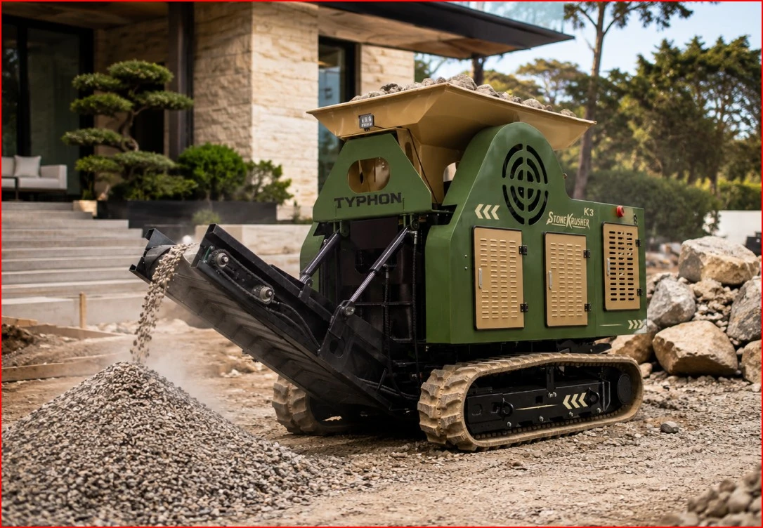 Stone crusher producing gravel aggregate base for roadwork