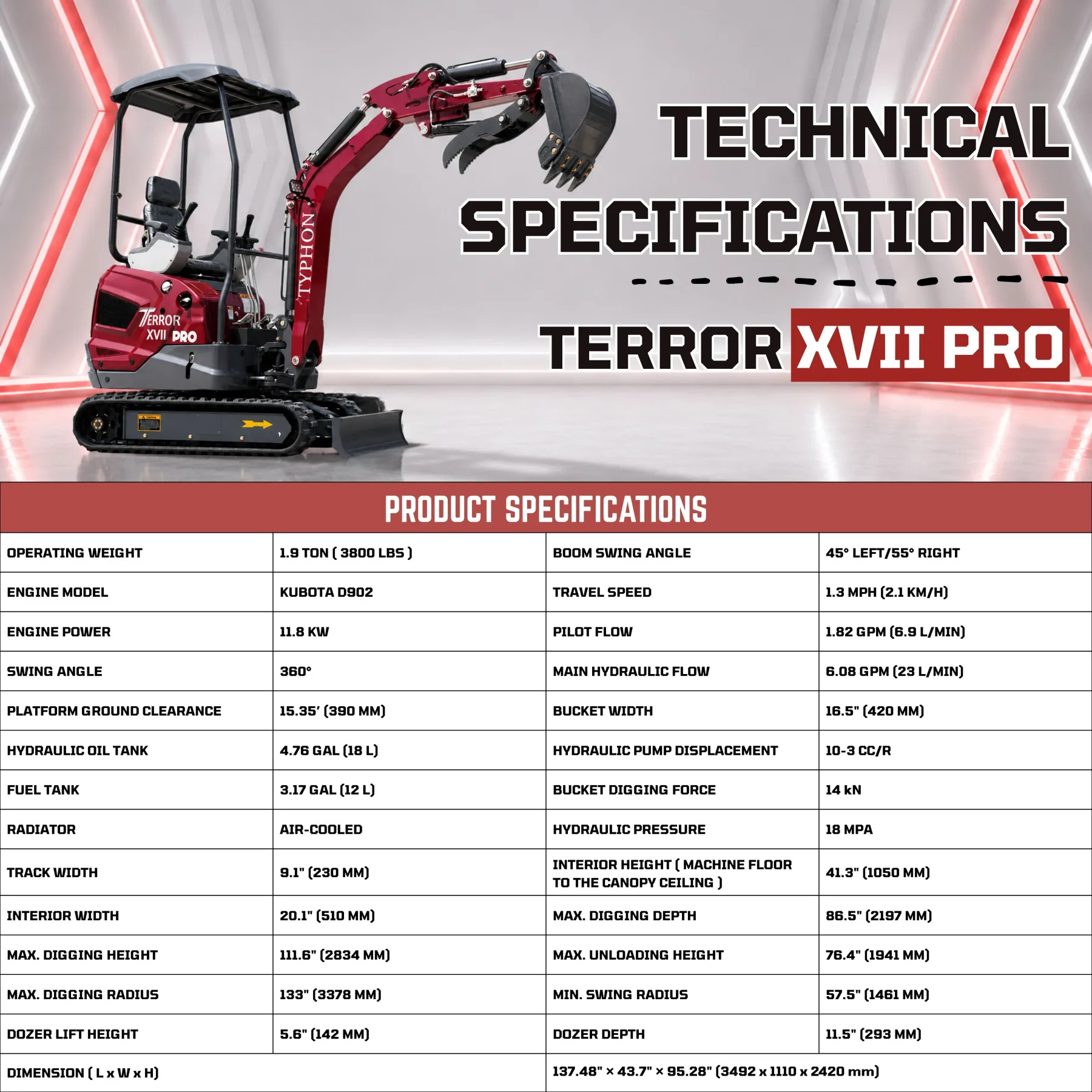 TYPHON TERROR XVII PRO 3800 lbs Mini Excavator Kubota Diesel, Hydraulic Thumb, Dozer Blade & Boom Swing – image 2