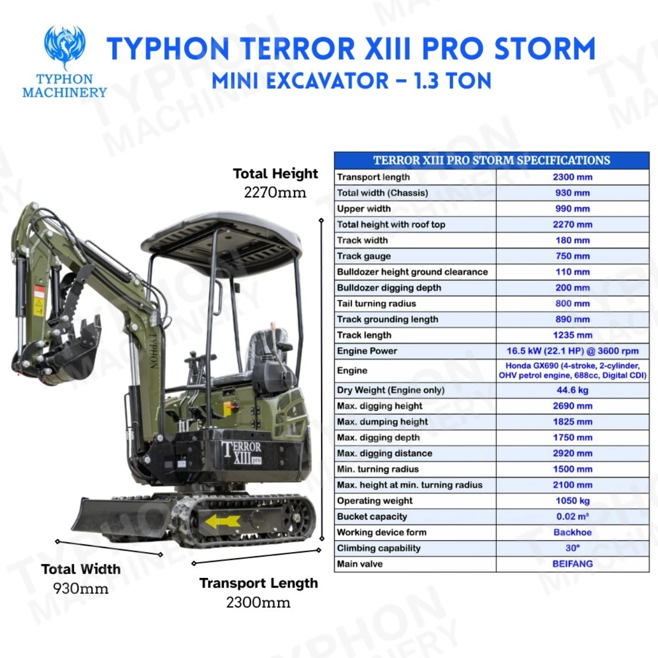TYPHON TERROR XIII PRO Mini Excavator – 1.3 Ton Trench Digger with Canopy, Hydraulic Thumb Clip, 22.1hp Honda Engine USA – image 2