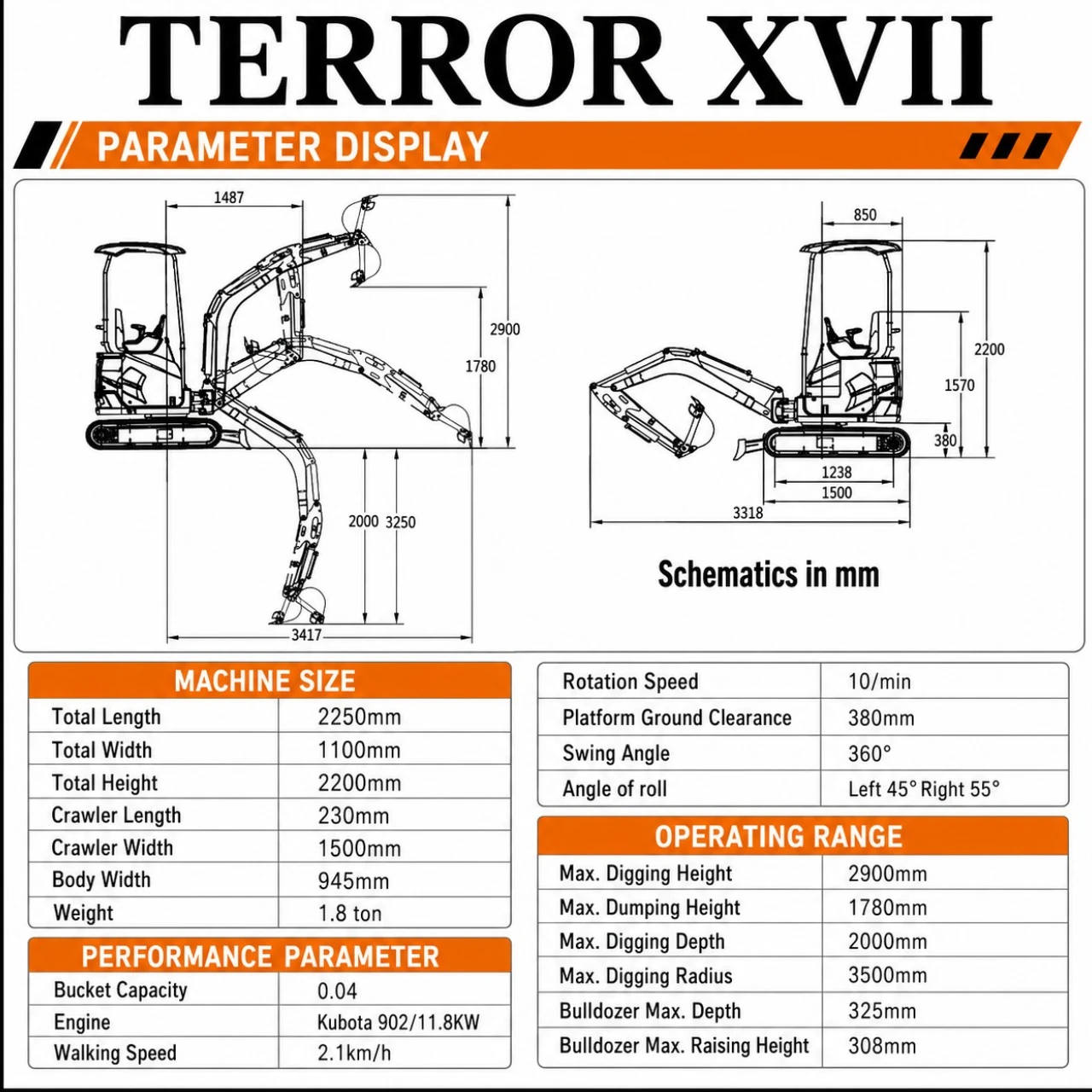 2025 4,000 lb TYPHON TERROR XVII Cabin Mini Excavator Rubber Track with Kubota D902 Diesel Engine USA – image 2