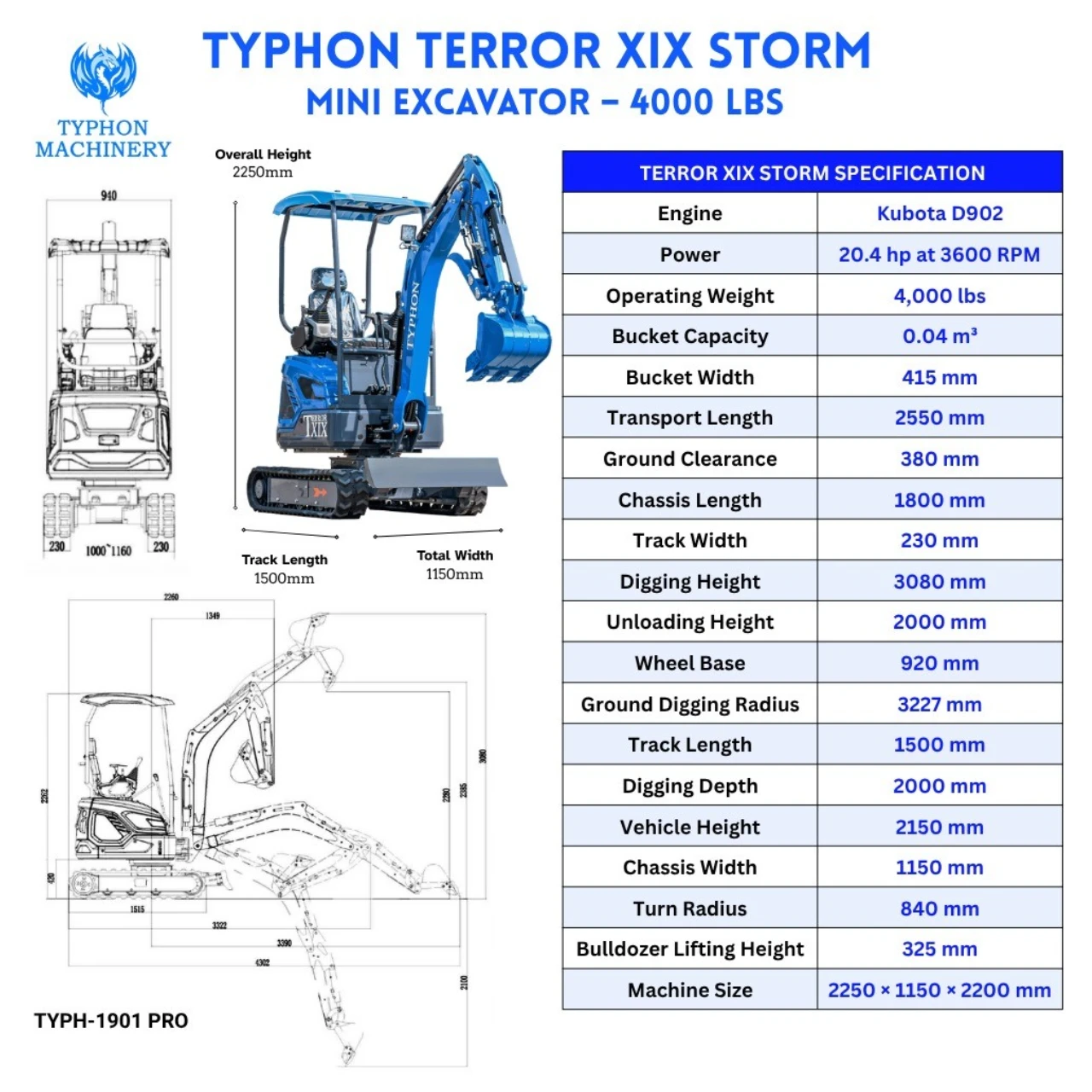 TYPHON TERROR XIX STORM Mini Excavator – 4000lbs Trench Digger with Boom Swing, Canopy, Retractable Tracks – image 2