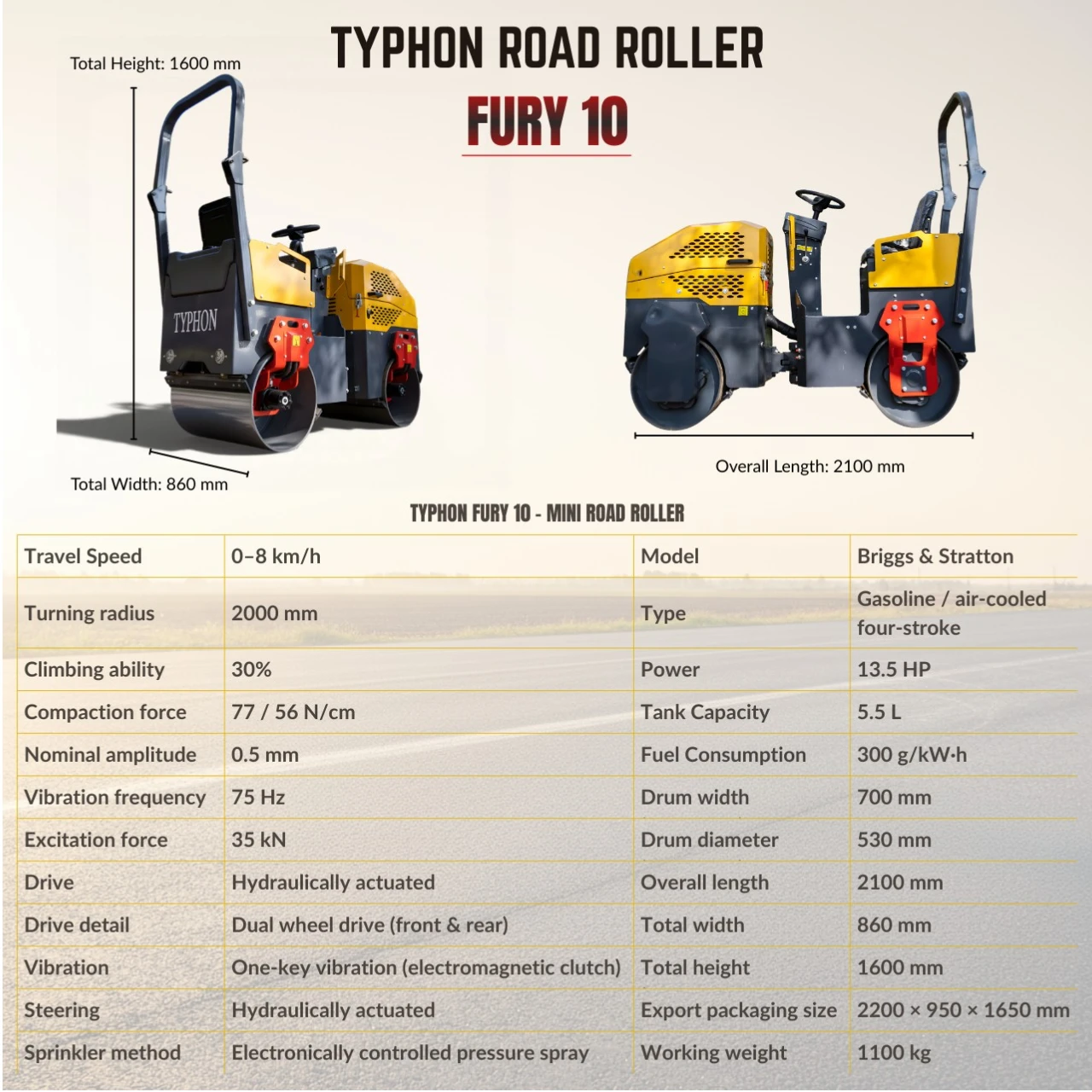 TYPHON Fury 10 Mini Road Roller 1Ton Hydraulic oil B&S 13.5hp gas USA air-cooled – image 2